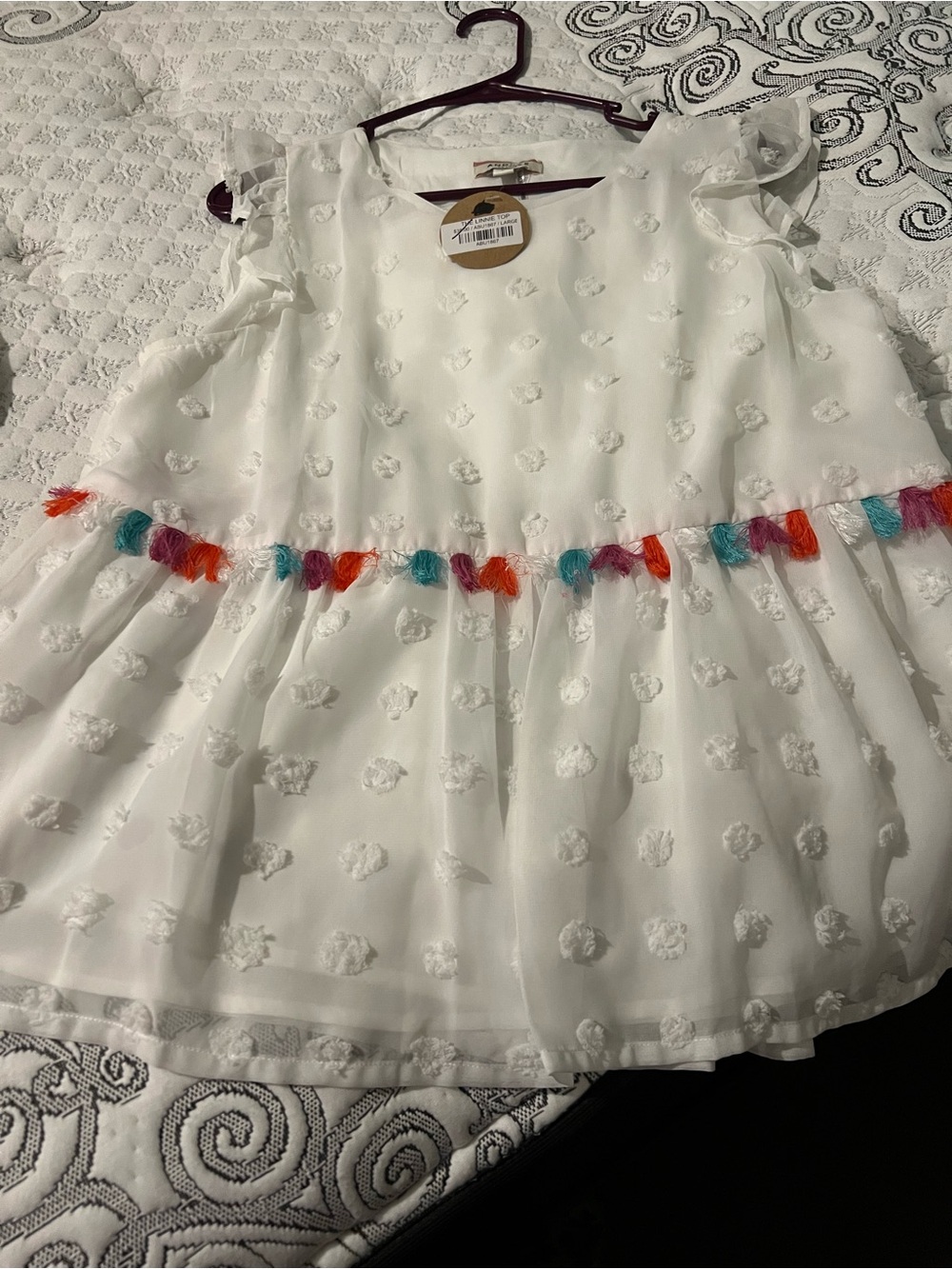 ANDREE BY UNIT White Dot Chiffon Top with Multicolor Tassel Trim